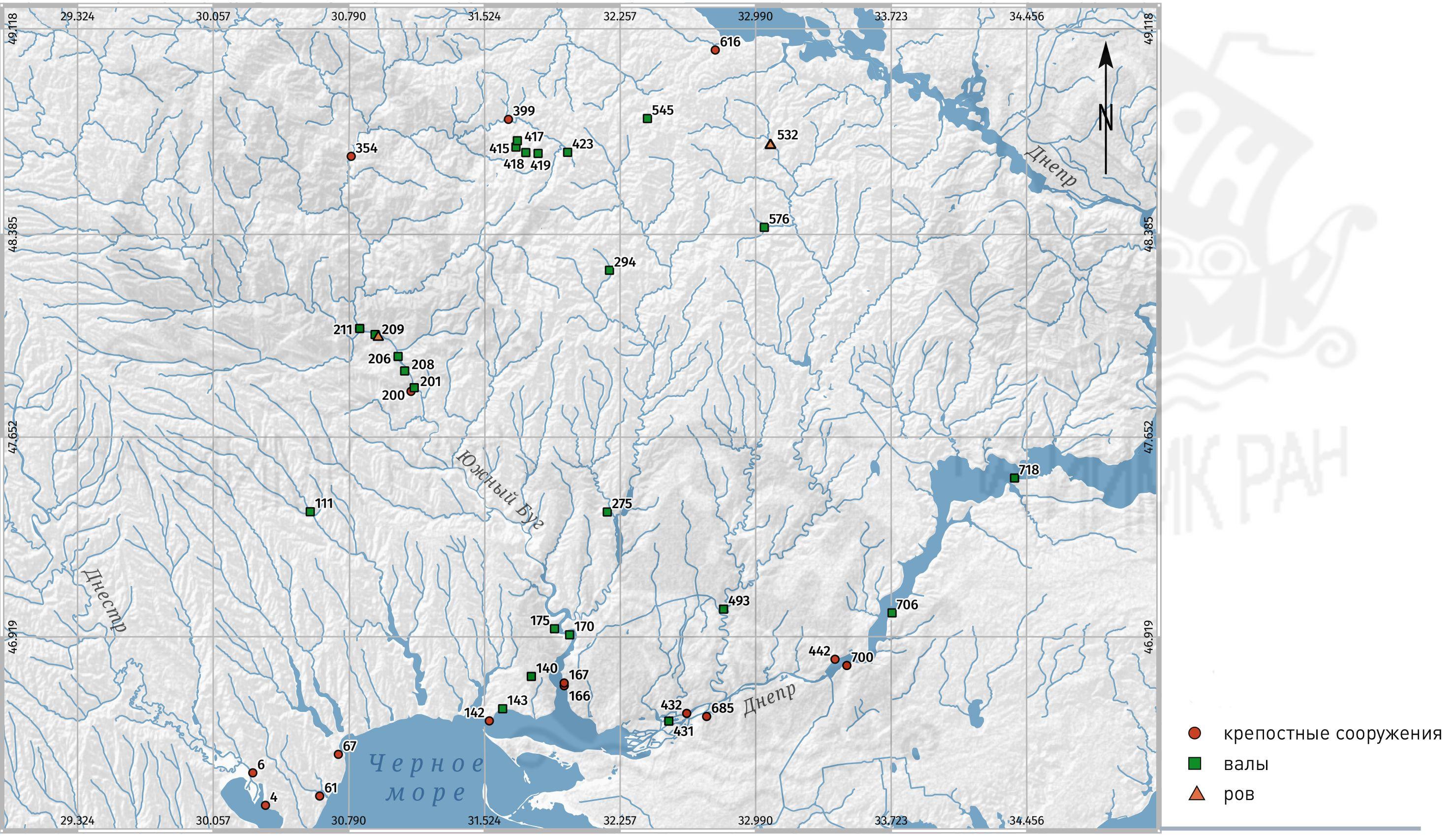 Крепостные сооружения, валы и рвы из «Археологической карты Причерноморья».