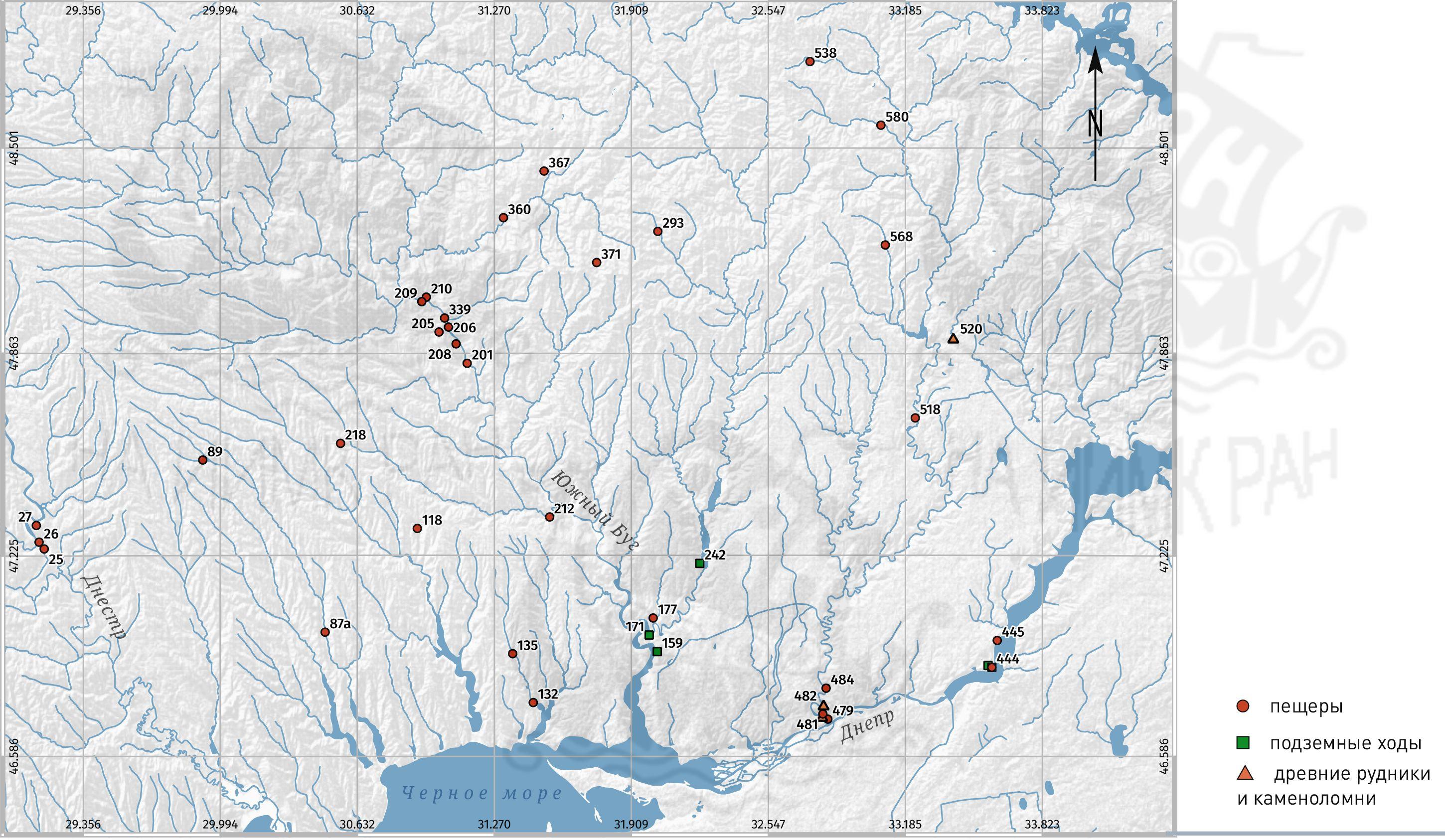 Пещеры, подземные ходы и места добычи полезных ископаемых из «Археологической карты Причерноморья».